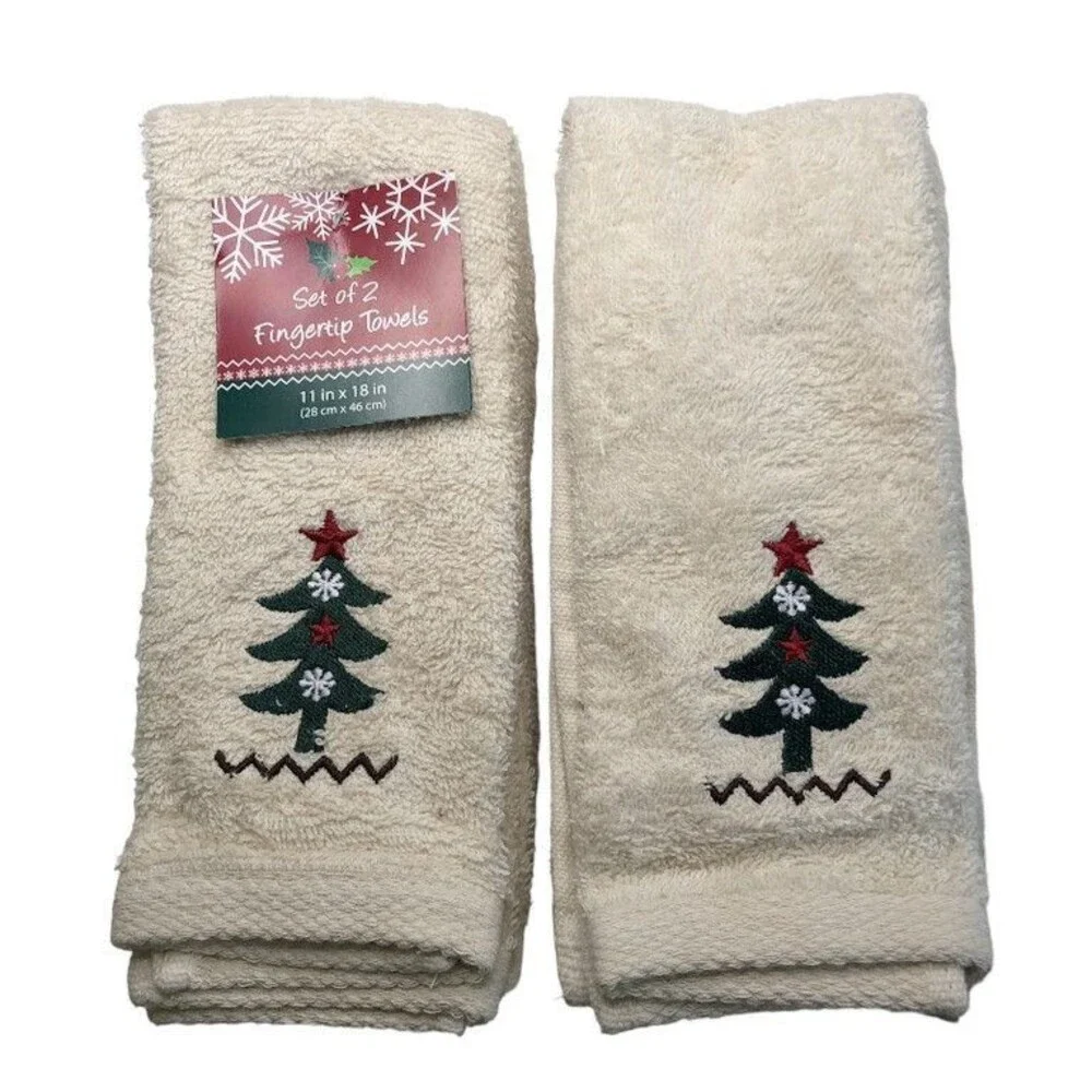Nantucket Christmas Tree Fingertip Towels Embroidered Beige Bathroom
